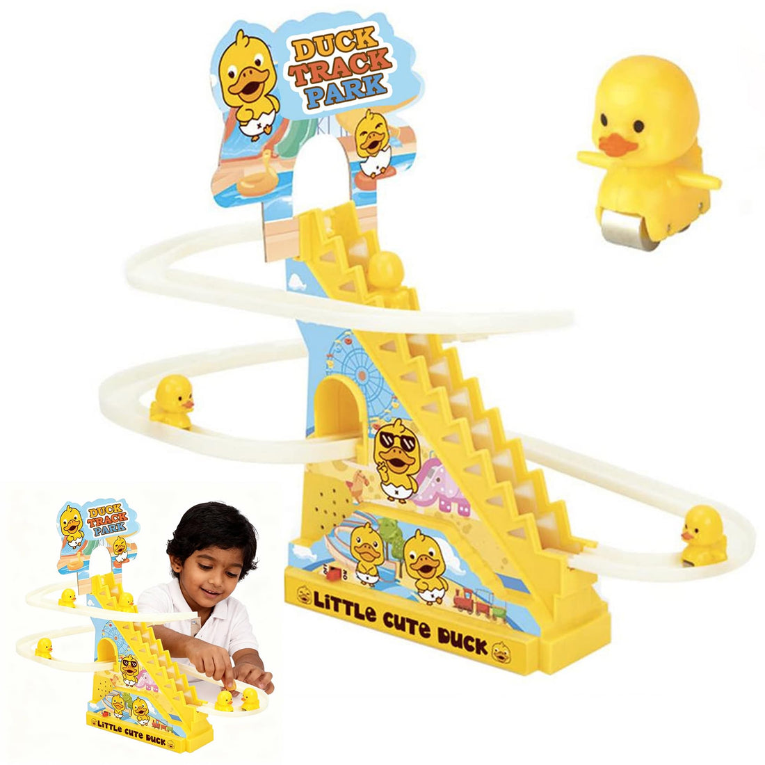 Kidology Electric Stair Climbing Track Toy for Kids, Duck Roller Coaster Toys with Flashing Lights and Music for Toddlers Boys and Girls (3 Duck Slide)