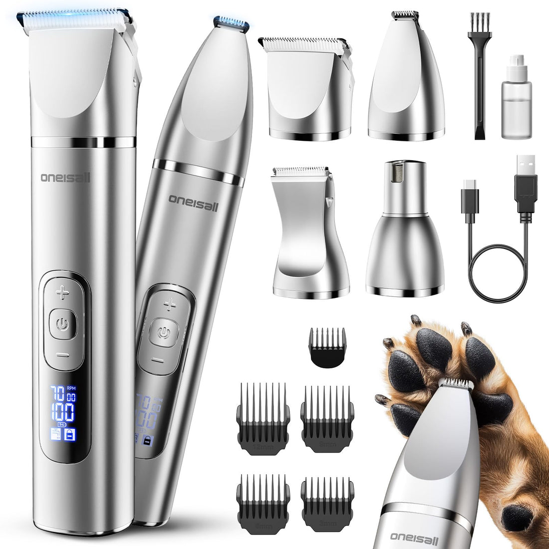 oneisall 4 in 1 Dog Grooming Kit with LCD Display, Dog Hair Trimmer for Paw Nail Grinder, Rechargeable 2000 mAh Pet Clippers