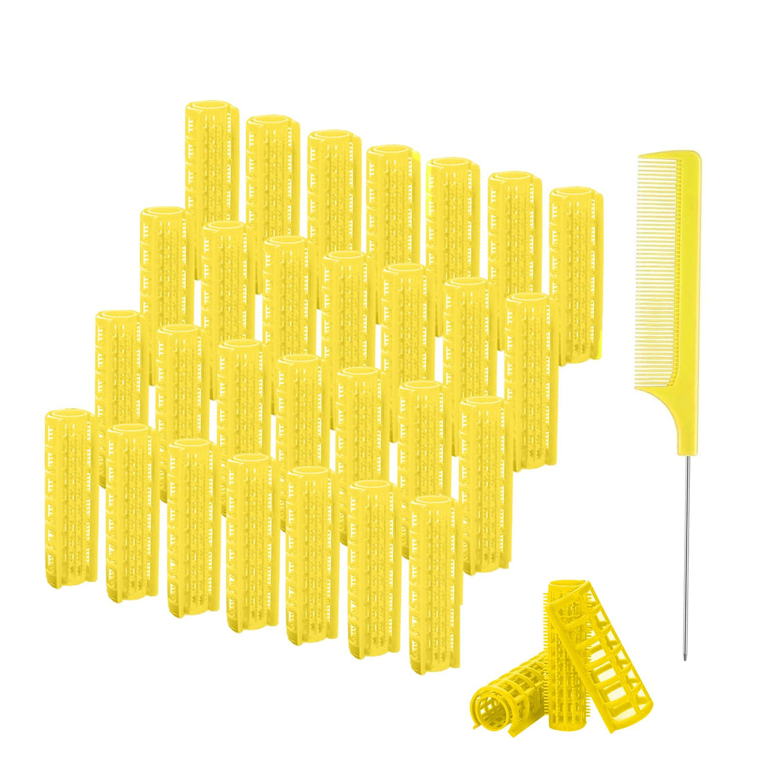 ZMD 28PCS Plastic Hair Curlers Rollers Set, 0.6In/1.5cm Small Size Snap on Rollers Self Grip Hair Curlers Heatless Rollers with Comb Hairdressing Curlers Tools for Short Thin Fine Hair (Yellow)