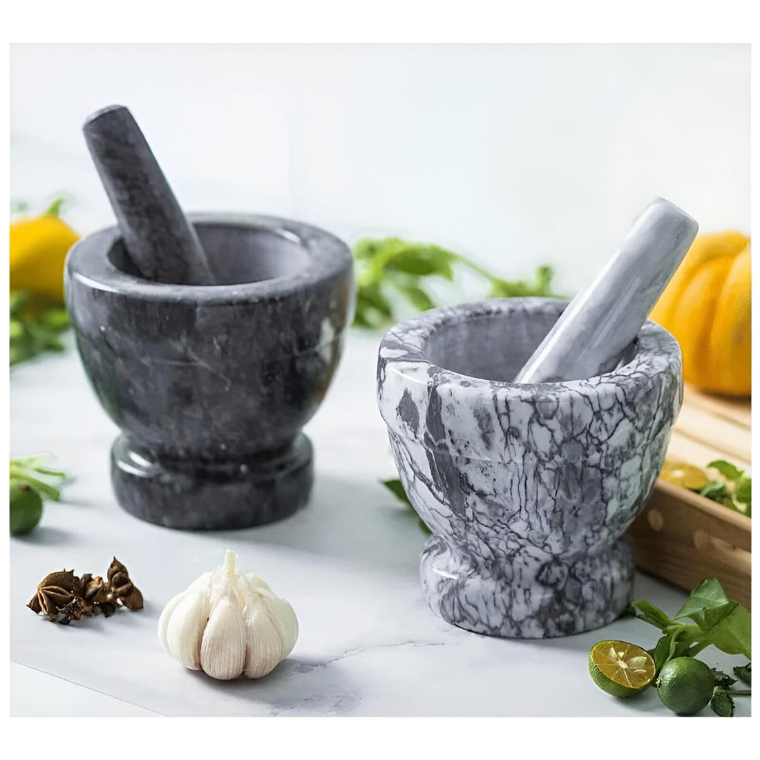 Mortar - Essential Pestle - Made of Natural Marble and Granite, This Set is Perfect for Grinding Herbs, Spices, Spices, and Spices, Essential for Your Kitchen (Shown, 2 Mortars and Pestle)