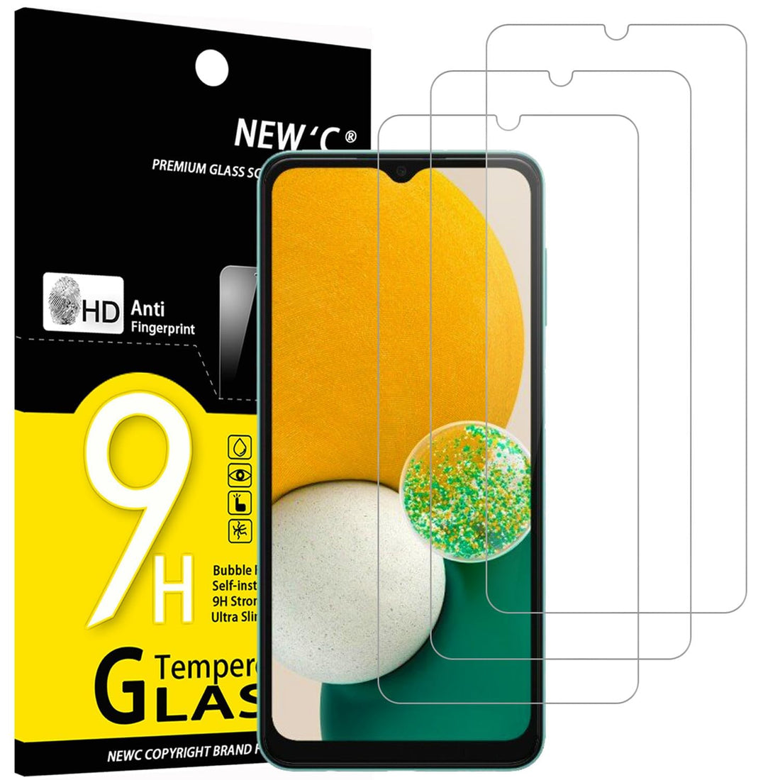 NEW'C Pack of 3 Tempered Glass Screen Protector Film for Samsung Galaxy A13 5G, A13 4G, A04s, Bubble-Free, Ultra Resistant (0.33 mm HD Ultra Transparent) 9H Hardness Glass