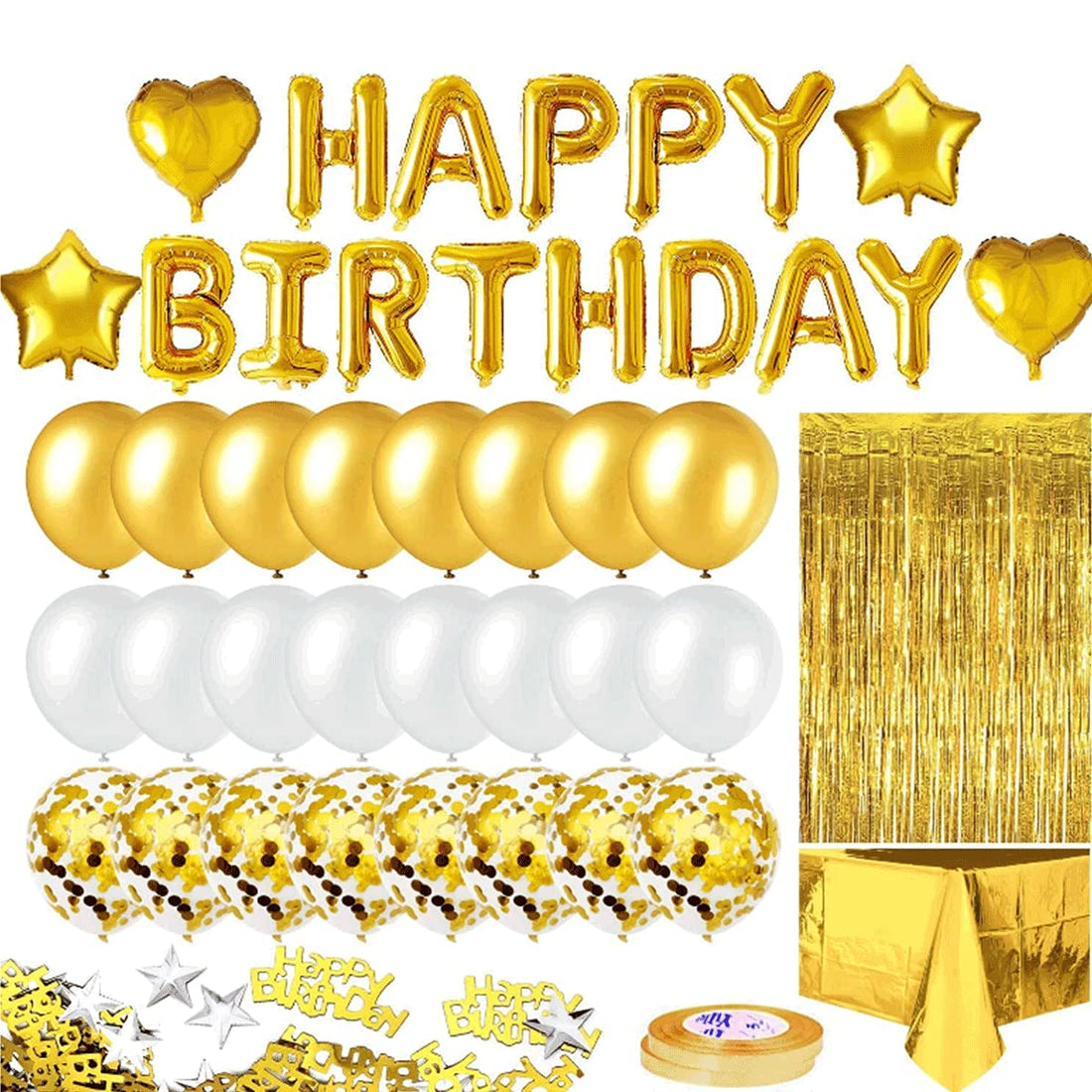 Beauenty Gold Birthday Party Decoration, Happy Birthday Banner, Gold Fringe Curtain, Heart Star Foil Confetti Balloons, Foil Tablecloth,10g Table Confetti for Girl Boy Kids Men Women Adults