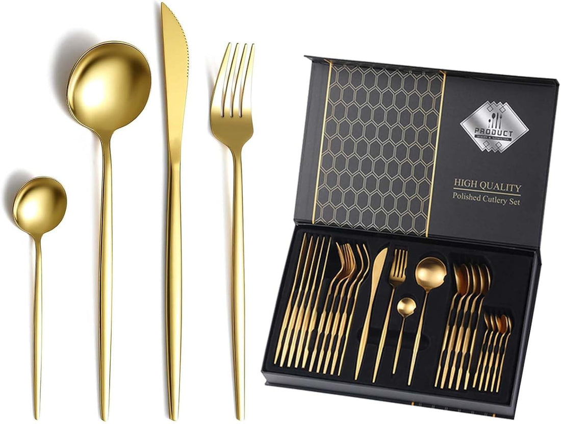 24-Piece Stainless Steel Flatware Set with Shiny Gold Finish, Spoon and Forks for 6, Elegant and Modern Design, Suitable for Home, Restaurant, Dishwasher Safe