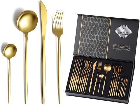 24-Piece Stainless Steel Flatware Set with Shiny Gold Finish, Spoon and Forks for 6, Elegant and Modern Design, Suitable for Home, Restaurant, Dishwasher Safe