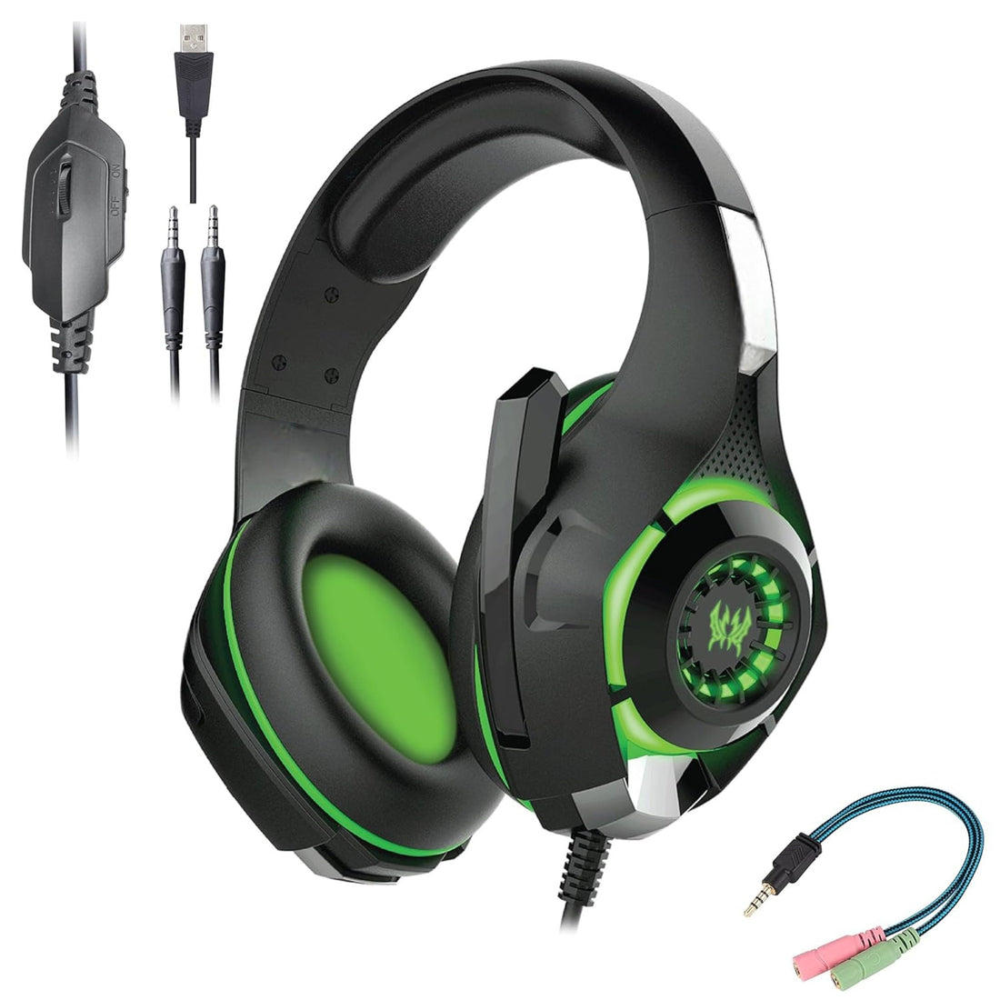 Pro Gaming Stereo Headsets for PC, Noise Cancelling Over Ear Headphones with Mic, 3.5mm Aux Plug, RGB LED Light, Compatible with PS5, PS4, Mac Nintendo Switch Gamers (GS400, Black&Green)