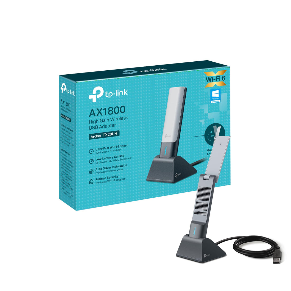 TP-Link Archer TX20UH AX1800 WiFi Dongle for PC, WiFi 6 Dual Band Wireless, USB WiFi Adapter for PC, 1.2 Meter Cable, Broader Coverage, 3.0 USB WiFi Dongle, Wins, MU-MIMO, OFDMA, Flexible Design