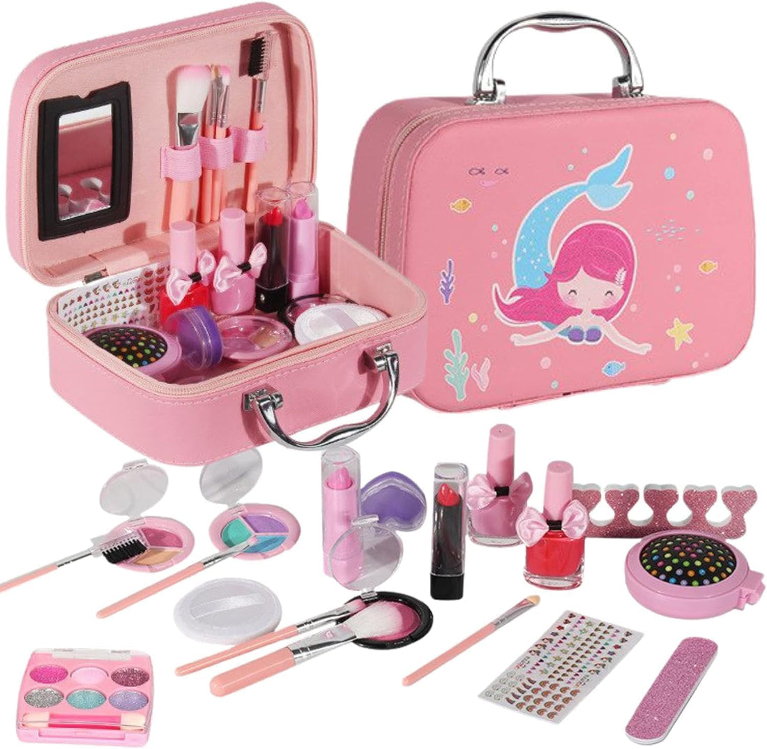 Kids Makeup Kit - Washable Toys for Girls With Mermaid Pattern Tote Bag, Princess Dress Up Game for 6-12 Years generic Old, Birthday Gift (Pink)