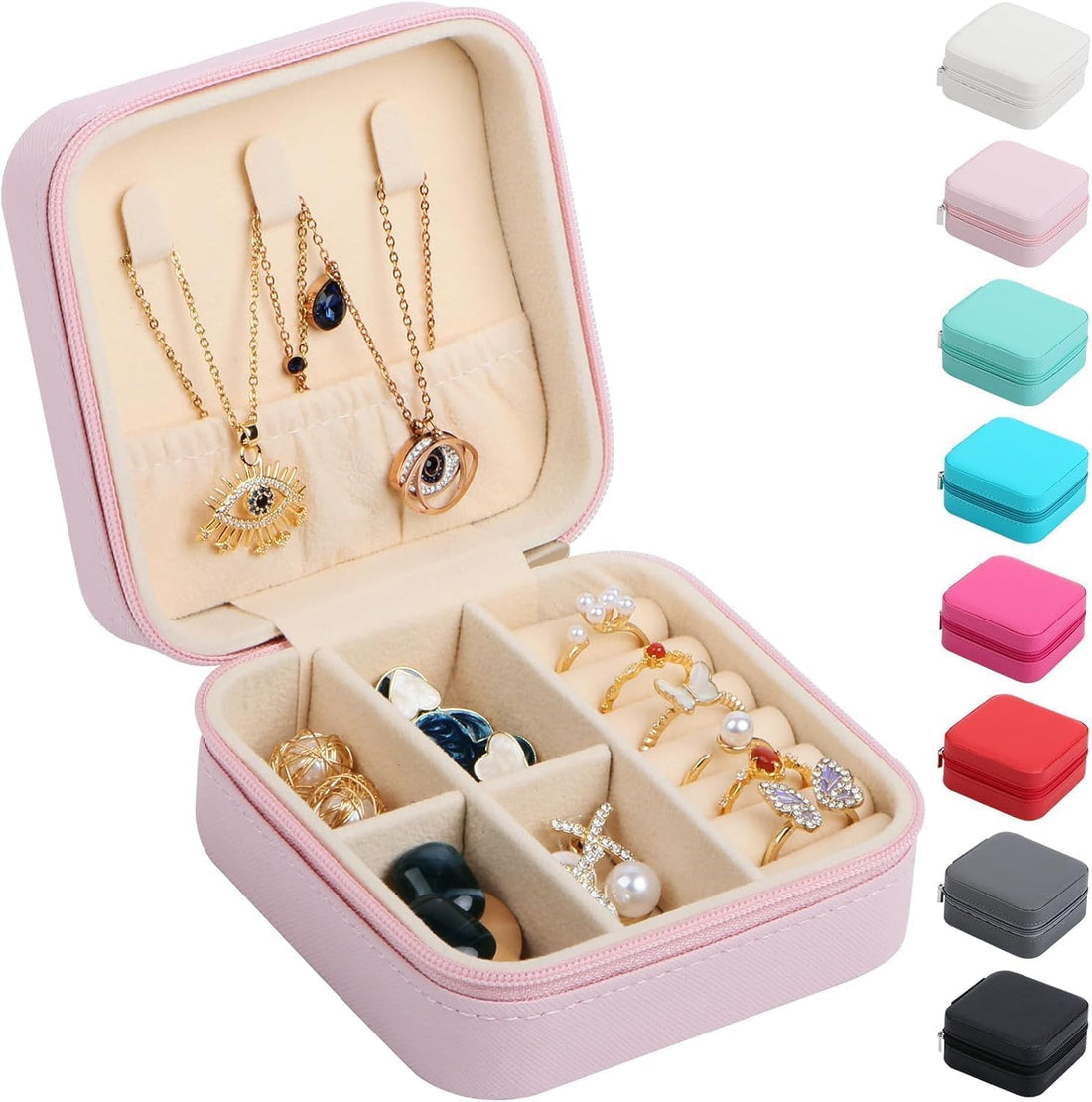 Portable Small Jewelry Box Organizer for Earrings Rings Necklaces Square with Adjustable Compartments Multicolor (Mini)