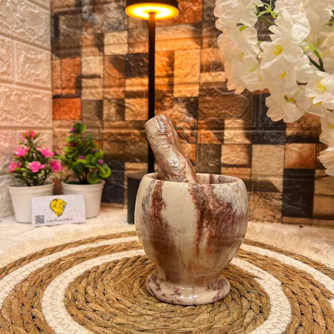 Traditional Marble Mortar, Hand Stone Pestle, White and Grey Marquee Design, for Kitchen and Spice
