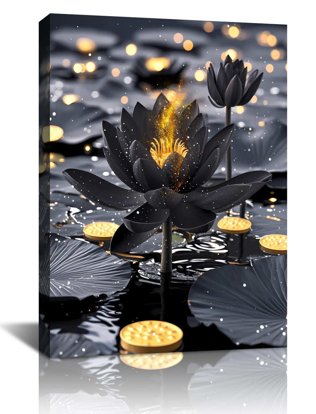Framed Black and Gold Lotus Floral Wall Art Prints,Black Lotus Art Blooming in Water for Zen Office Decor Wall Art,Modern Meditation Poster Yoga SPA Room Bathroom Home Decor(12"x16")