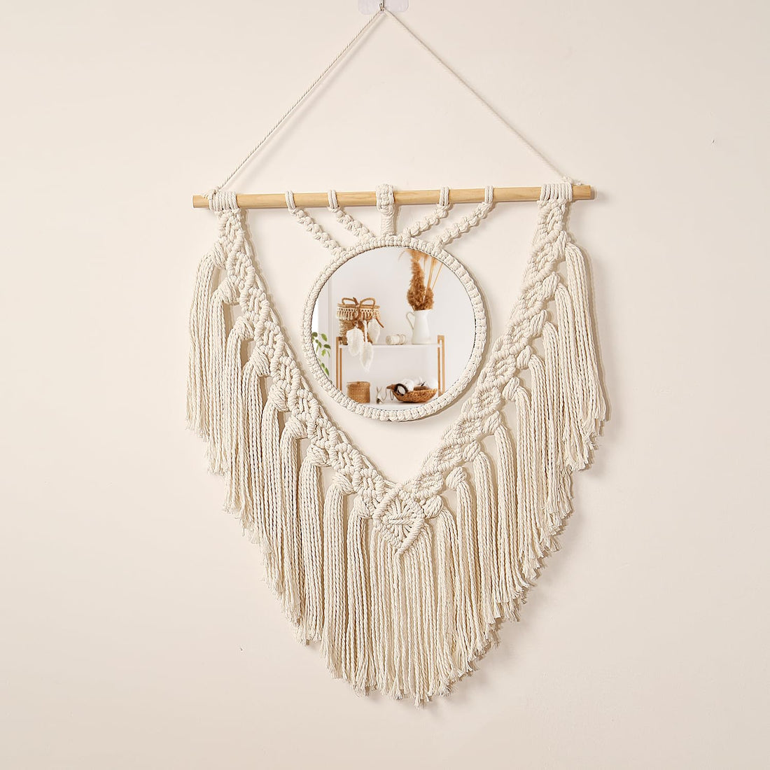 jontell Boho Round Wall Mirror Macrame Wall Hanging Circle Hanging Mirror for Over Sink Bedroom Living Room Apartment Entryway Girl Bedroom Decoration Vanity