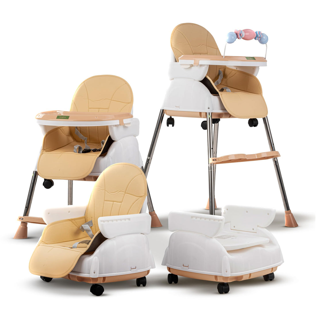 Baybee 4 In 1 Nora Convertible High Chair For Kids With Adjustable Height And Footrest, Baby Toddler Feeding Booster Seat With Tray, Wheels, Safety Belt And Cushion For 6 Months To 4 Years (Beige)