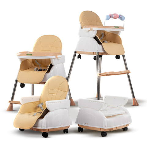 Baybee 4 In 1 Nora Convertible High Chair For Kids With Adjustable Height And Footrest, Baby Toddler Feeding Booster Seat With Tray, Wheels, Safety Belt And Cushion For 6 Months To 4 Years (Beige)
