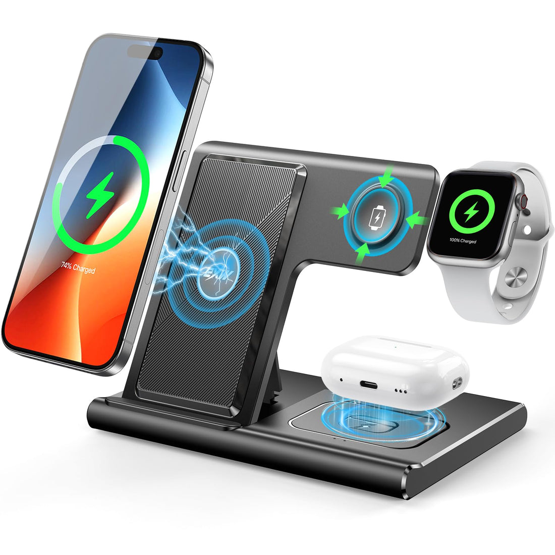 EXW [2024] Upgraded Wireless Charger, 3 in 1 Charging Station for Apple Devices,Wireless Charger Stand for iPhone 16 15 14 13 12 11 Pro Max XR XS 8,Apple Watch and AirPods(18W PD Adapter Not Included)
