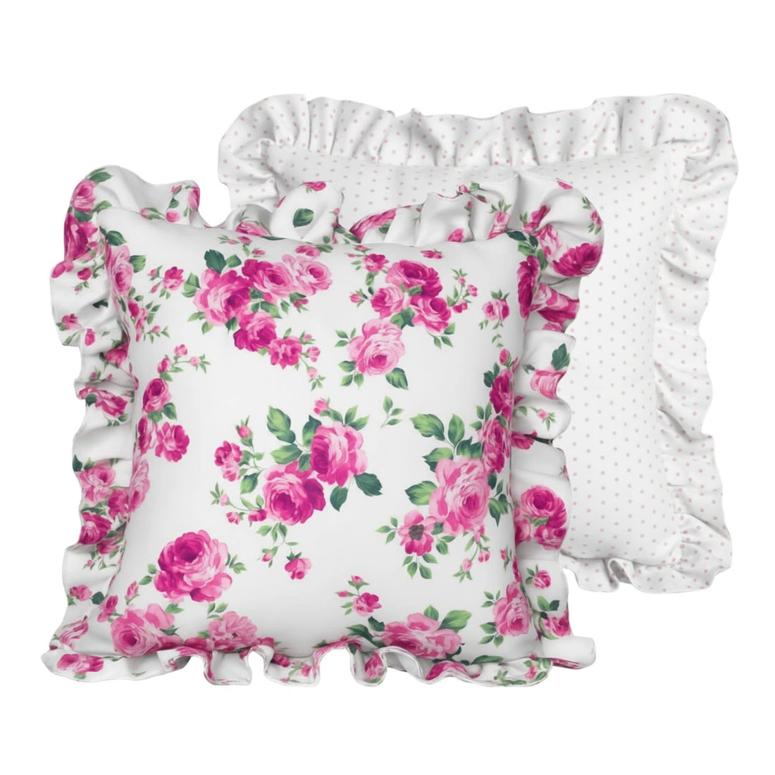 COUNTRY CHARM Fleur Ruffled Square Cushion – Egyptian Handcrafted Reversible (Floral & Polka Dots) – Sofa, Chair, Couch Back Cushions & Floor Cushion Accent Antique White