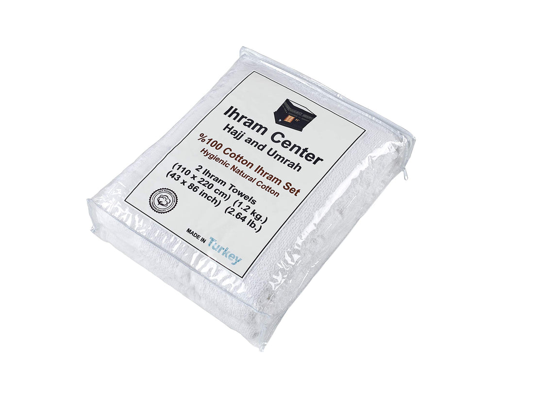 Ihram Men's – 2 Piece Hajj and Umra Towels Set – 100% Natural Cotton – Soft, Seamless – 110 x 220 cm – Ahram Ehram