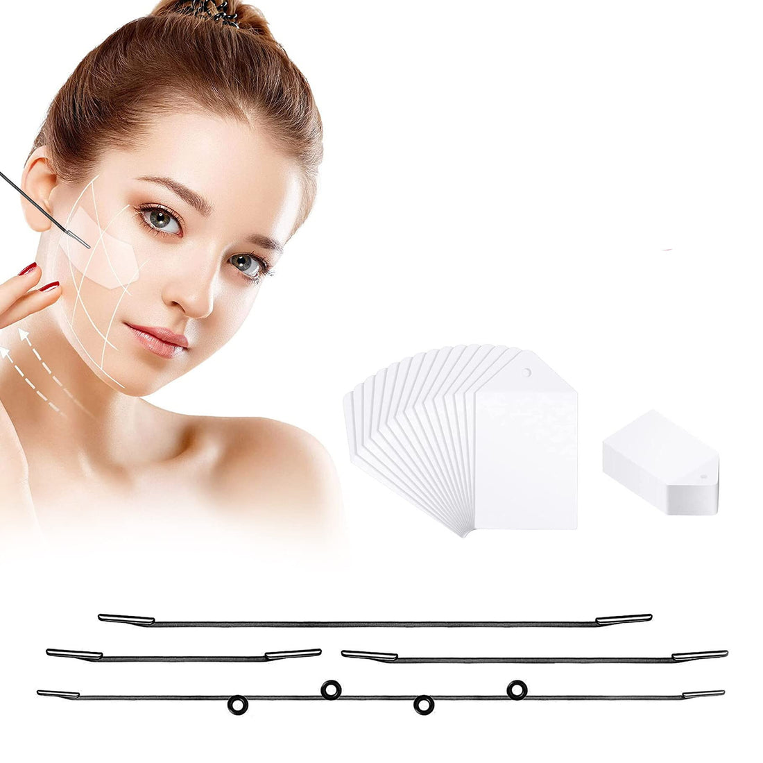 40 Pieces Face Lift Tapes Face Lifting Patch Invisible V-line Face lift Sticker Neck and Eye makeup Lift strips Waterproof Elasticity Double Chin Lift Patch with 4 Pieces Lifting Ropes for Women Girls