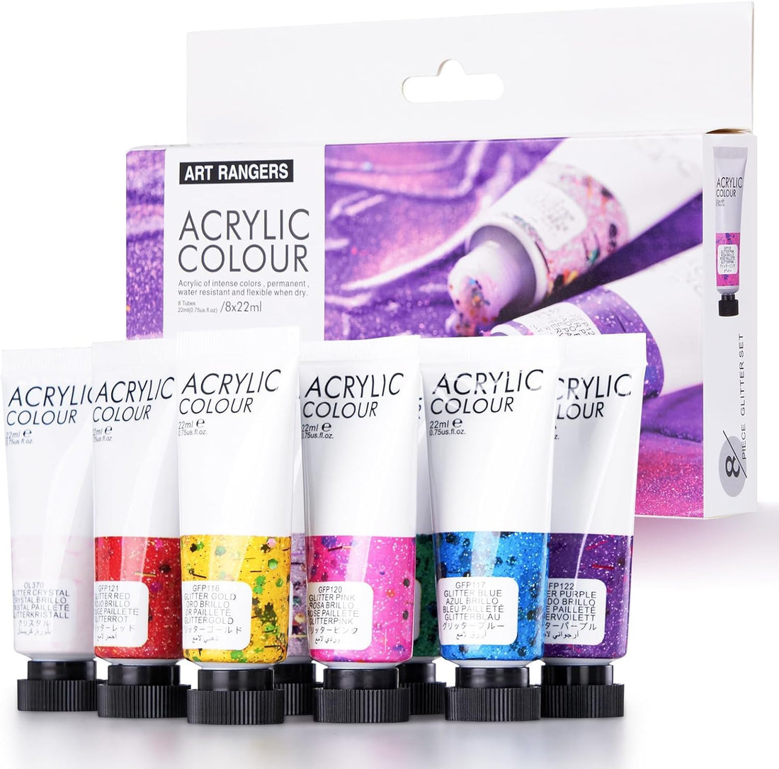 Let Wish Acrylic Paint, 22ml Tubes Set of 8 Colors, Rich Pigments, Non-Fading, Non-Toxic Paints for Adults, Artists, Students, Art Supplies for Centimeter - Multicolor Large Particle Flash