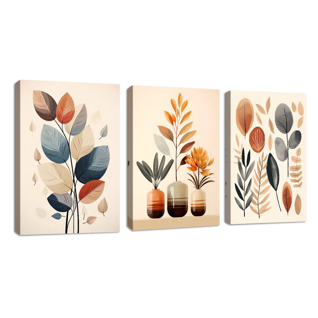 3 Pieces Modern Boho Eucalyptus Leaf Print on Canvas with Frame, Beige Orange Botanical Leaves Canvas Painting Wall Poster Wall Decoration Living Room Bedroom 30 x 40 x 3 cm