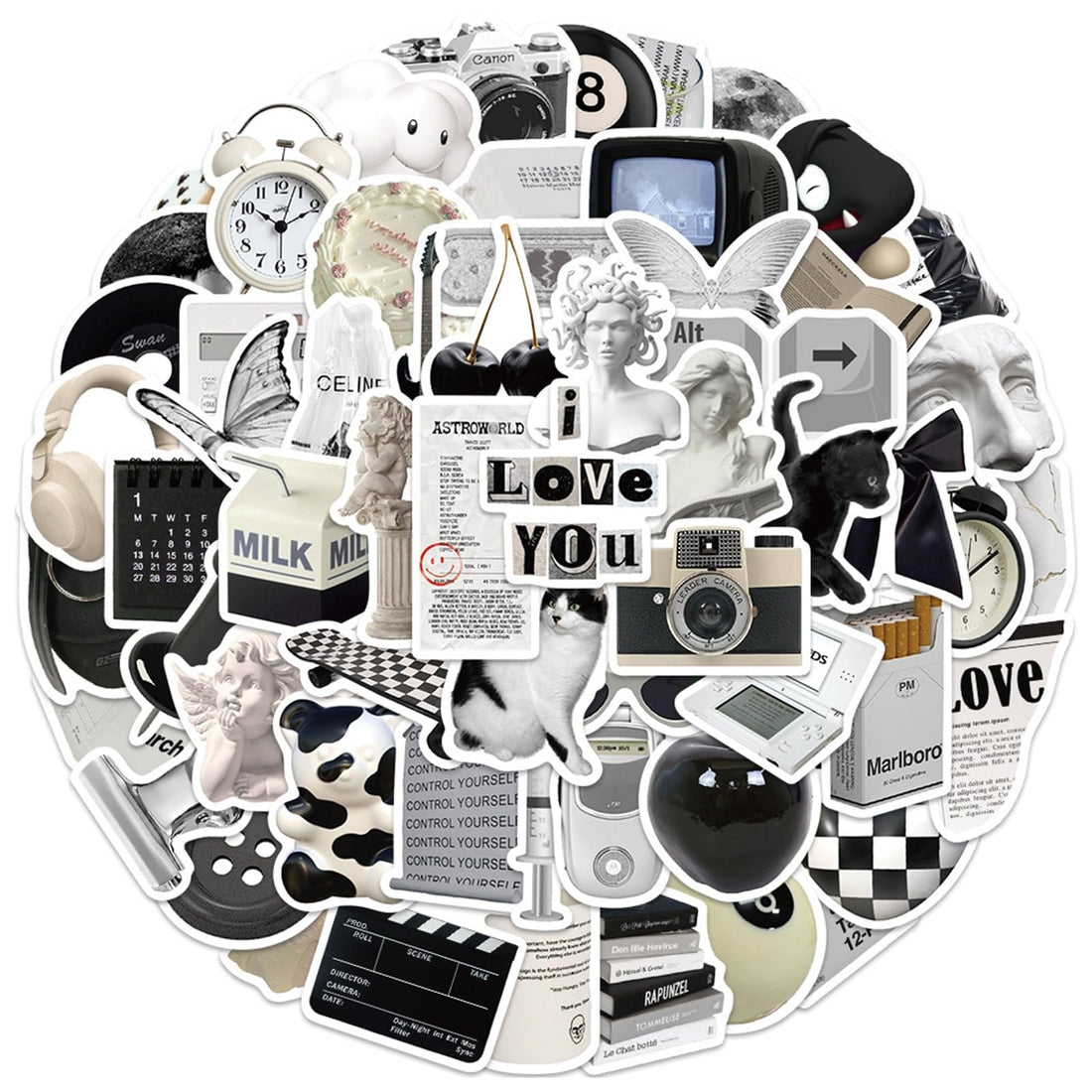 Laptop Scrapbook Stickers, Stickers Aesthetic Personalized Vintage Black and White, for Computer Phone Journal Skateboard Cups, Adults Children (Black and White) 61pcs
