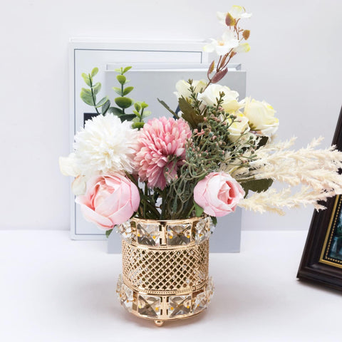 Modern Crystal Makeup Brush Organizer – Gold Metal Cosmetic Holder for Vanity, Decorative Pen and Brush Storage Cup for Beauty Tools and Desk Accessories