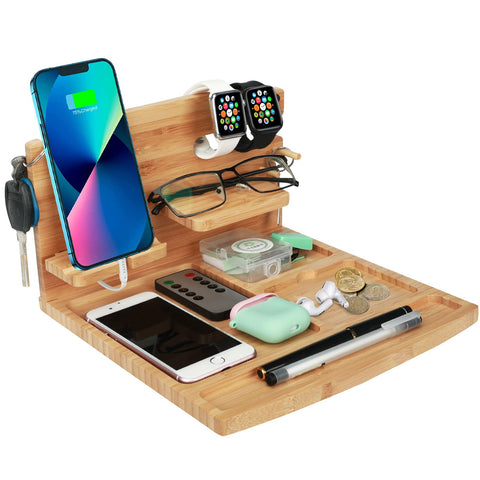 Bamboo Docking Station Desktop Phone Holder, Bedside Table Watch Organizer Nightstand,Gifts for Dad Husband Father Friend Birthday Anniversary