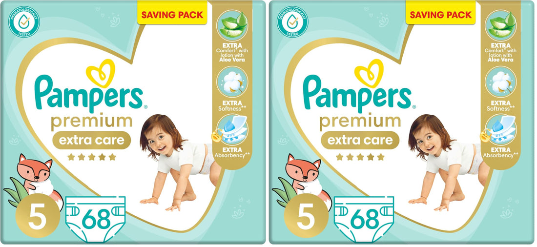 Pampers Premium EXTRA CARE Taped Diapers, Size 5, 11-25 kg, with Lotion with Aloe Vera, Saving Pack, 68 Baby Diapers (Pack of 2)