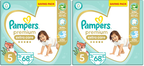 Pampers Premium EXTRA CARE Taped Diapers, Size 5, 11-25 kg, with Lotion with Aloe Vera, Saving Pack, 68 Baby Diapers (Pack of 2)