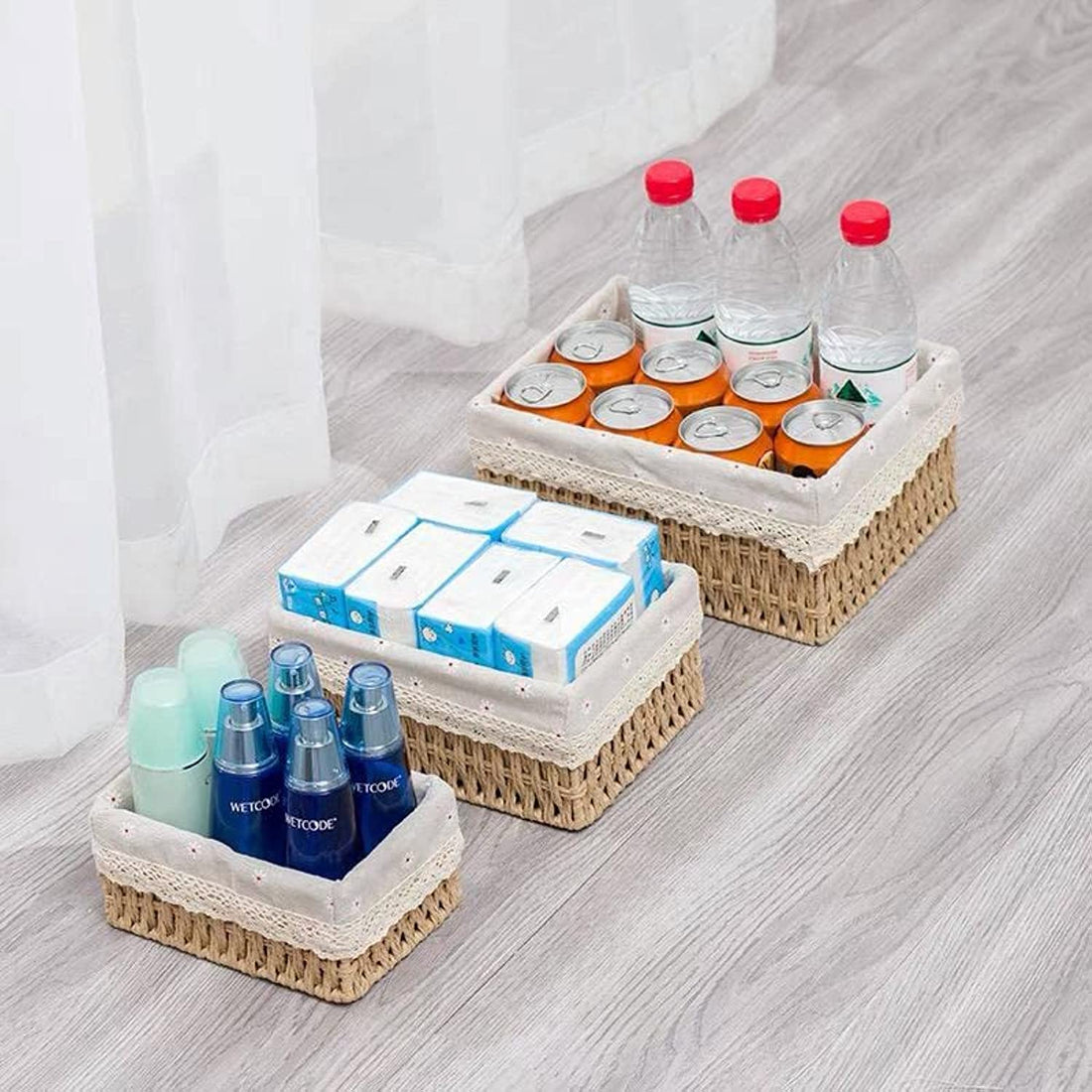 Handmade Bamboo Home Storage Baskets with Washable Cloth Liner, Cosmetic Storage and Snack Food Organization (Rectangle-3 Pieces, Beige)