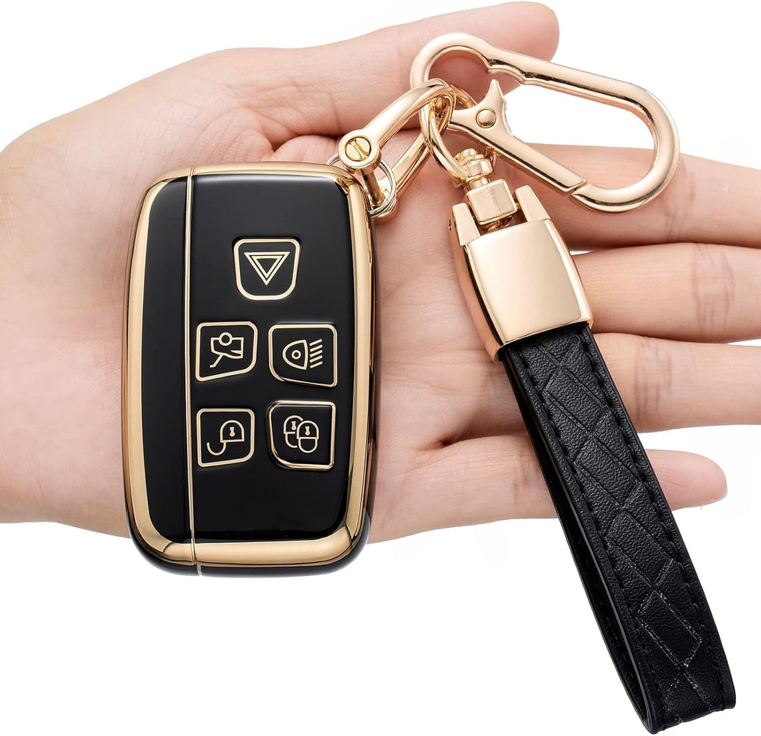 Car Key Case – Key Fob Cover Compatible with Range Rover & Jaguar (Evoque, Sport, Velar, Discovery, F-Pace, F-Type, XE, XF, XFL, XEL, XJ) – (Black - Gold)