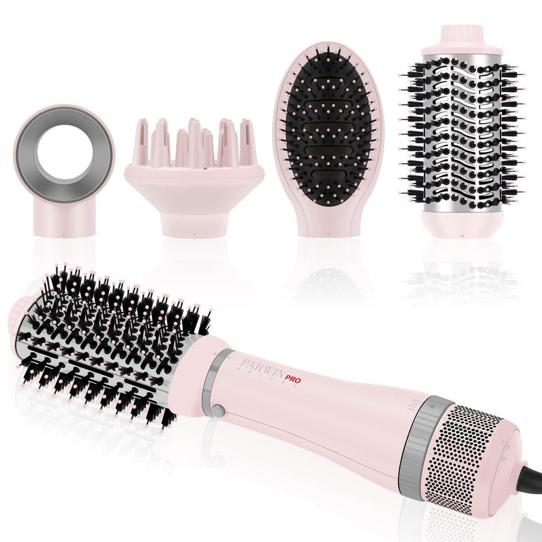 4 in 1 Styler Set, PARWIN PRO BEAUTY Blower Brush and Hair Dryer, with 4 Accessories, Smoothing, Volume and Styling, Ionic, 1000 W (Pink)