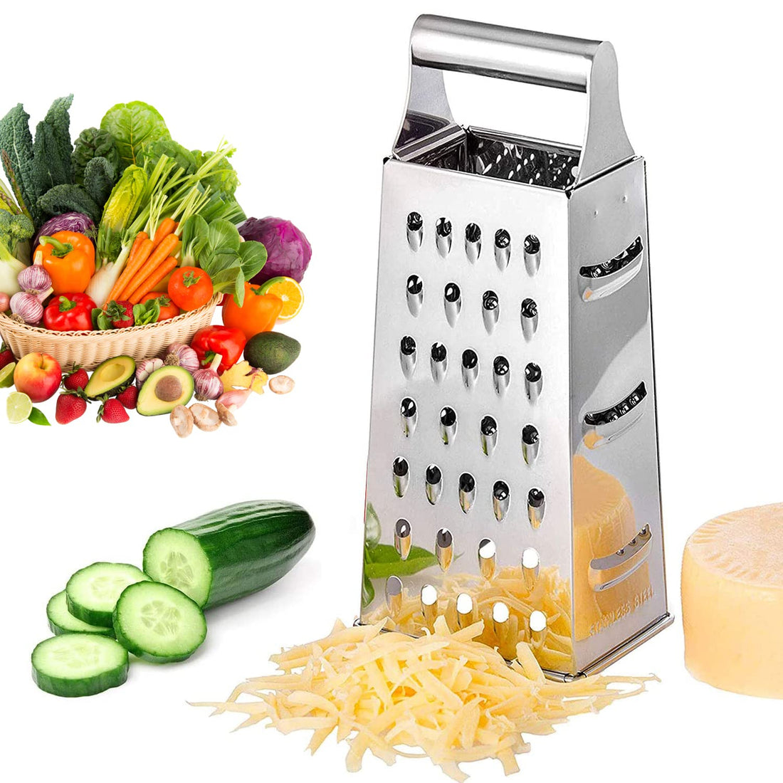 WELLXUNK Stainless Steel Kitchen Grater, Square Grater, Stainless Steel 4-Sided Grater, Cheese Grater, Square Grater for Fruit, Vegetables, Cheese, Carrots, Square Grater, Dishwasher Safe