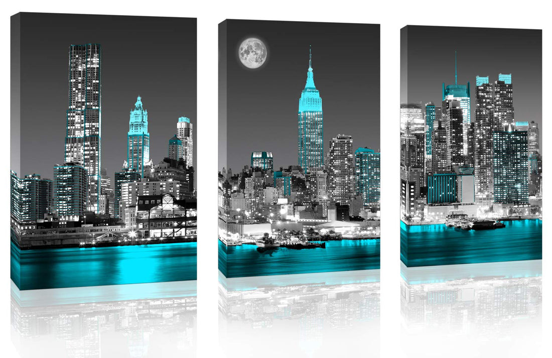 Canvas Wall Art for Bedroom New York City Wall Decor Empire State Building Skyline Teal City Wall Art for Living Room Office Bathroom Home Decoration 3pcs Canvas Prints Framed 12"x16" Modern Artwork