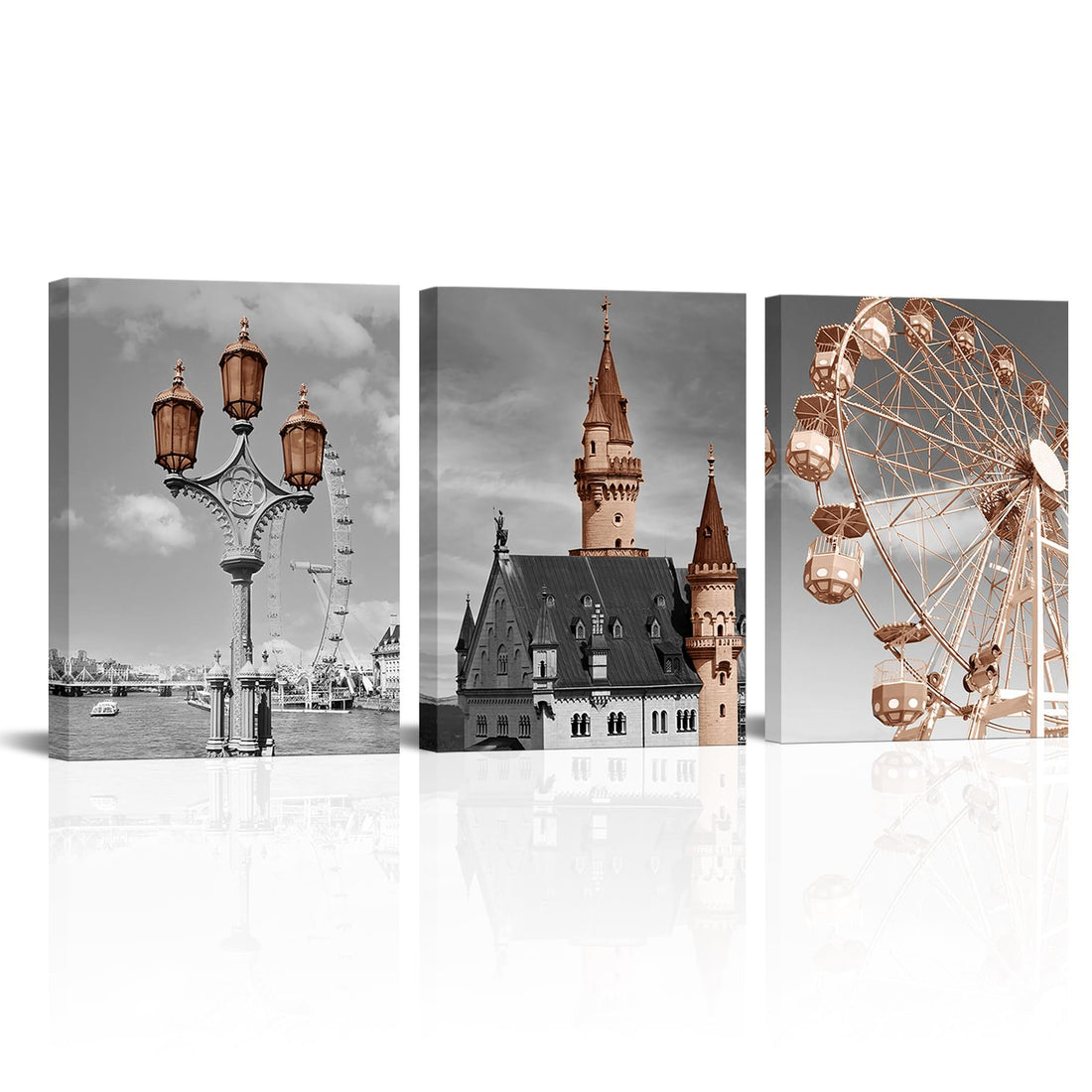 Sepwrol 3Pcs Ferris Wheel Castle Street Lamp Canvas Wall Art, Grey and Pink Ferris Wheel Castle Street Lamp Prints Wall Decor, 12"x16" Modern City Building Landscape Printing Artwork for Home Bedroom