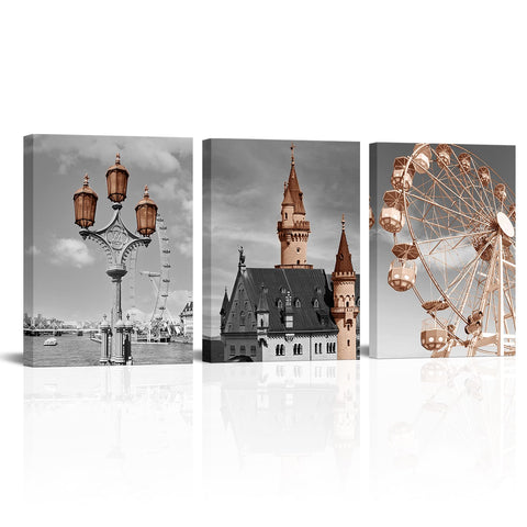 Sepwrol 3Pcs Ferris Wheel Castle Street Lamp Canvas Wall Art, Grey and Pink Ferris Wheel Castle Street Lamp Prints Wall Decor, 12"x16" Modern City Building Landscape Printing Artwork for Home Bedroom