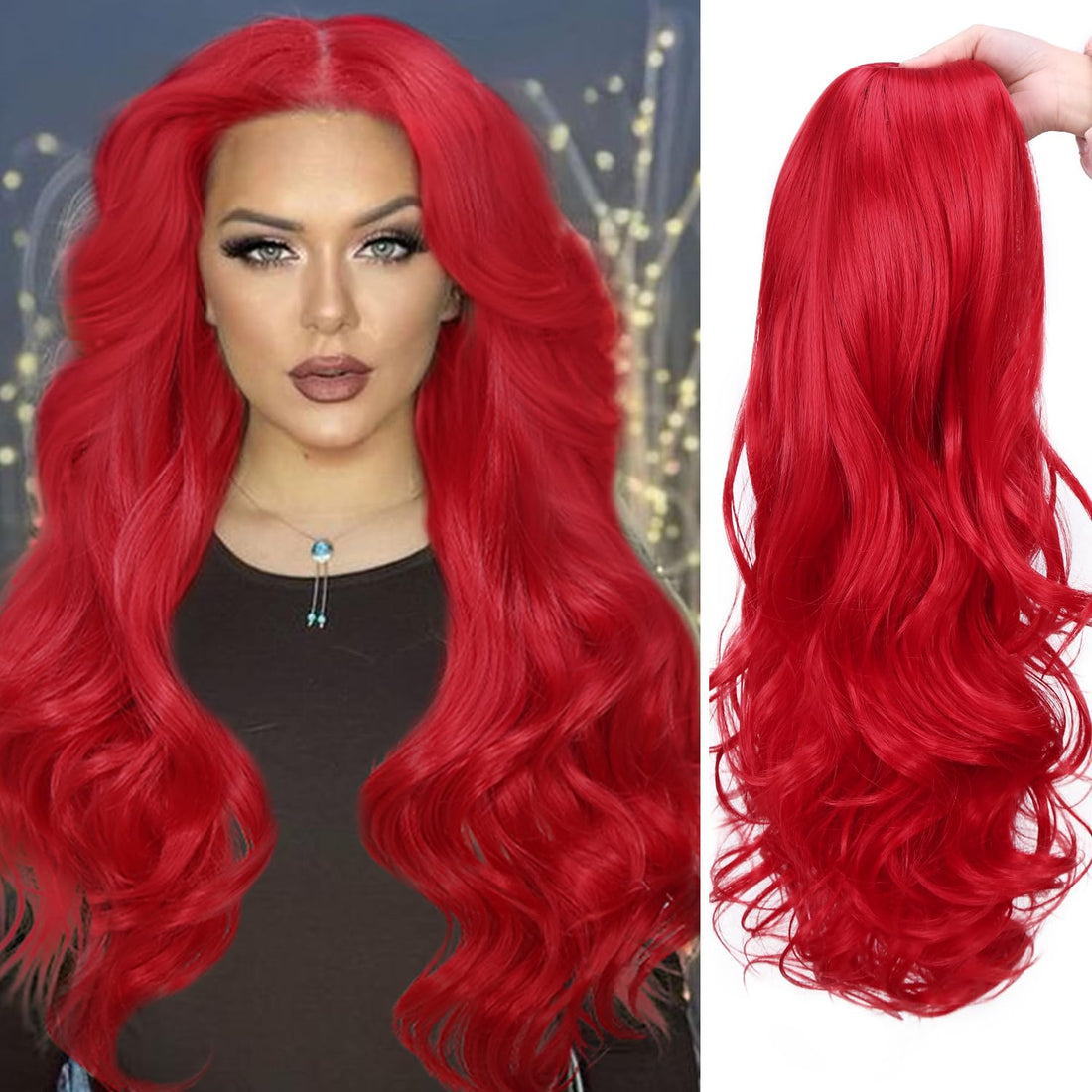 ECIF Long Red Wavy Wig For Women Middle Part Natural Looking Curly Hair Mermaid Red Synthetic Heat Resistant Fibre Wigs For Daily Party Use (26Inch)