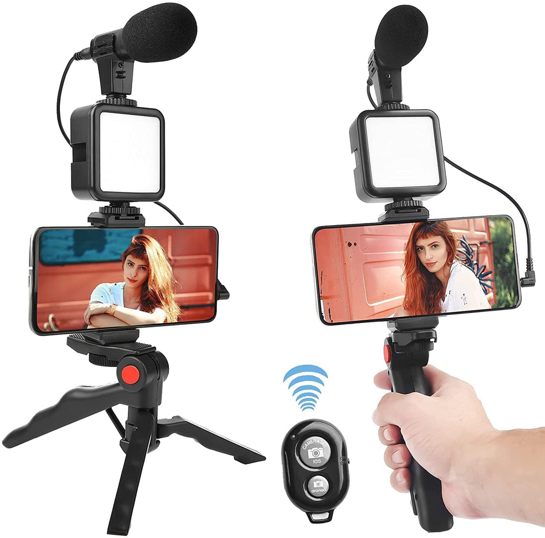 Video Making Kit 1year Warranty Support with iPhone/Android with Bluetooth Remote+Mic+Mini Tripod Stand+LED Light & Phone Holder Clip for Making Videos+Recording YouTube Videos, Podcasting