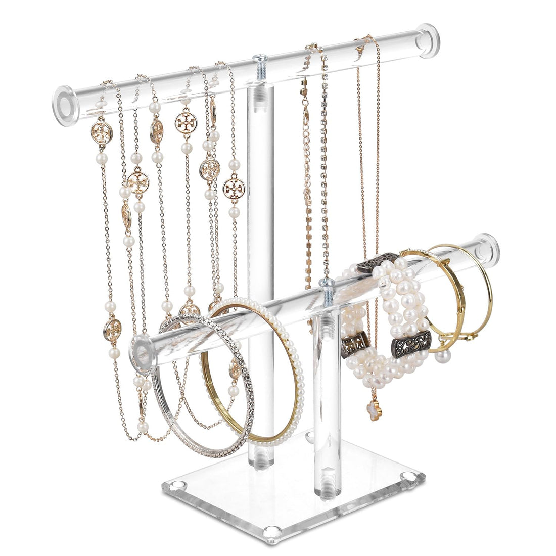 BEST MEDIA Deluxe Transparent Acrylic 2-Tier T-Bar Bracelet and Watch Display Stand, a Modern Jewelry Holder and Organizer for necklaces- 2-Bar - Modern - 1 Piece - Transparent
