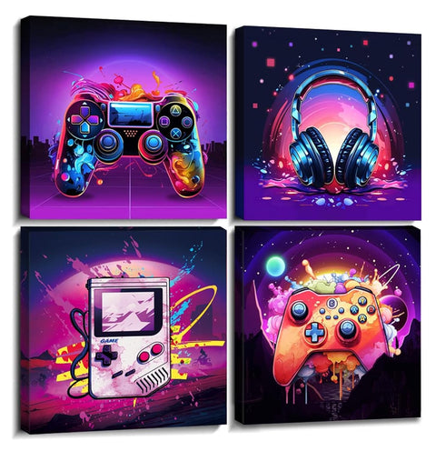 Game Wall Art for Boys Room Decor Retro Vedio Game Poster Colorful Gamer Room Wall Decor Modern Gamepad Headphone Canvas Picture Street Pop Artwork for Kids Bedroom Playroom Home Decoration 12x12" 4P