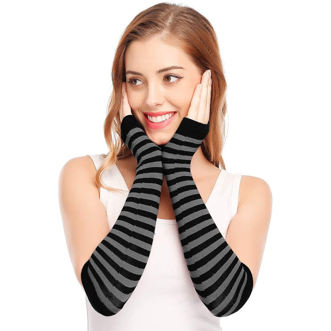 THE PACK Pair Winter Fingerless Long Knit Gloves Thumb Piercing Arm Warmer Gloves for Women Girls