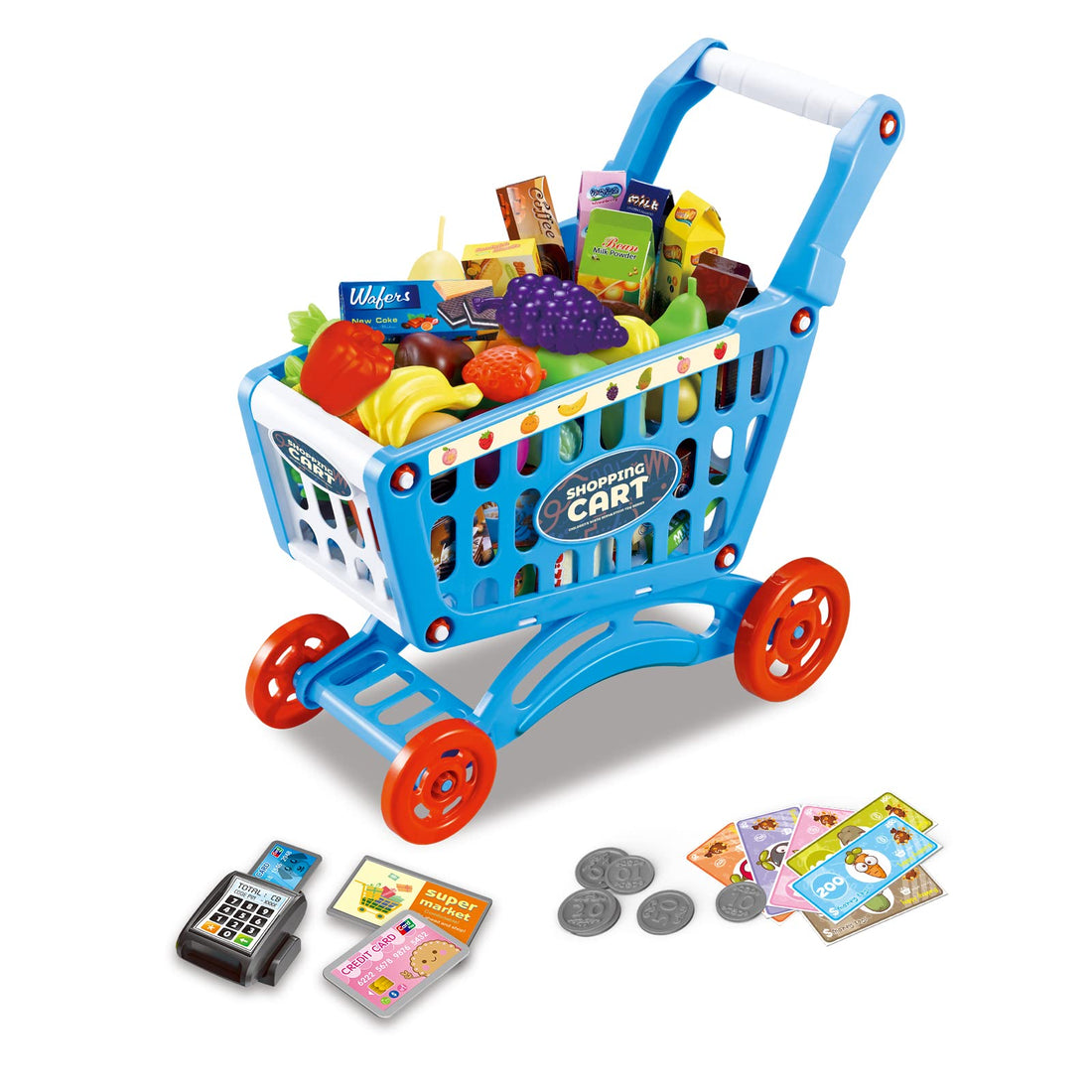 RedCrab Kids Shopping Cart Toy Supermarket 54pcs Playset Included Grocery Cart Toy,Credit Card Pretend Fruit Vegetables Shop Accessories for Boy Girl Kid (Blue)