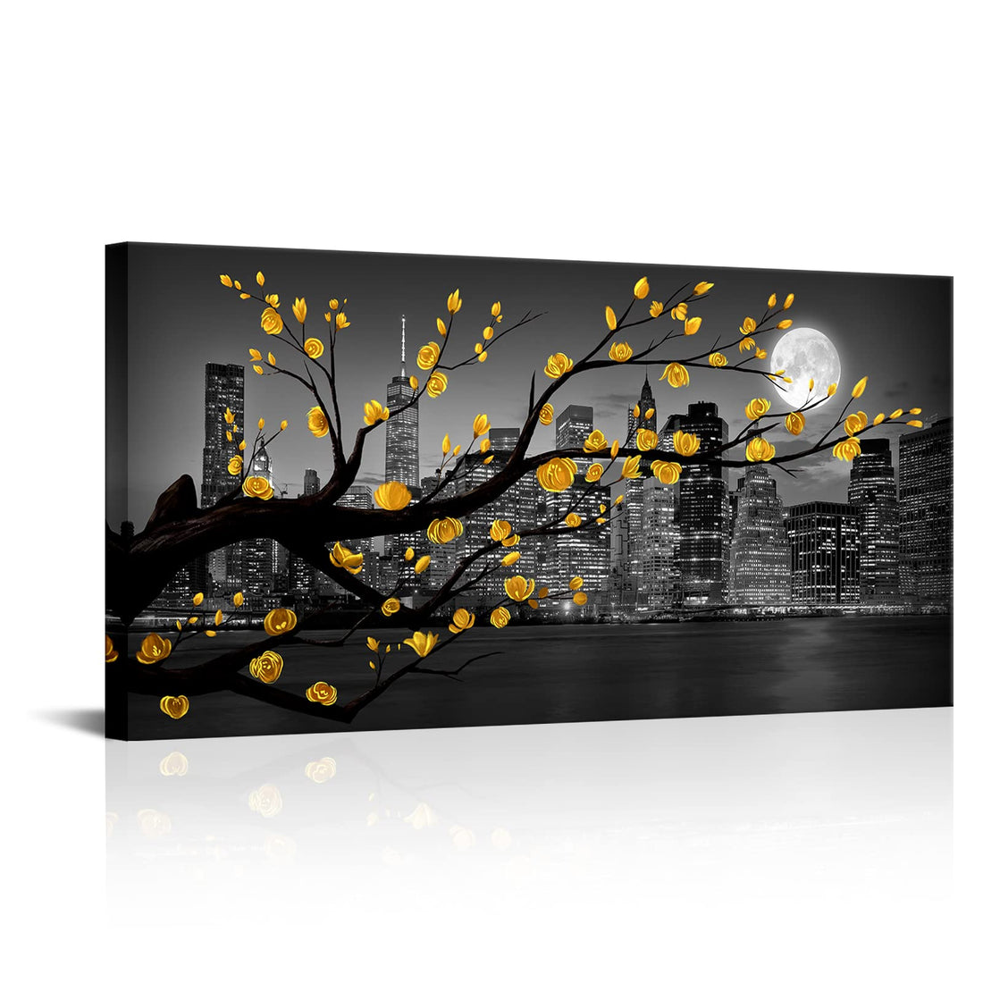 HOMEOART New York City Canvas Wall Art Yellow Flower Manhattan Skyline Painting Black and White Full Moon Canvas Prints Framed Artwork Living Room Bedroom Decor 24"x48"