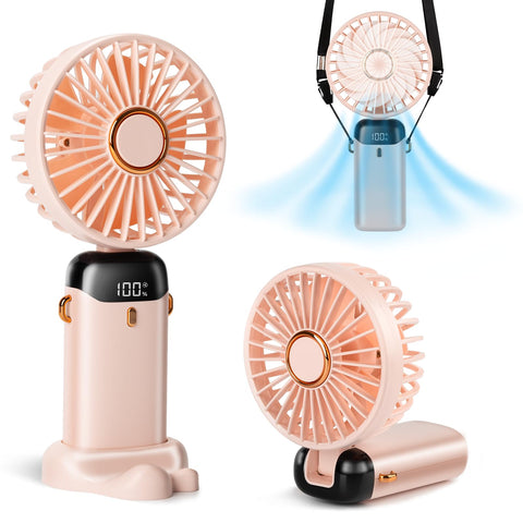 Portable Handheld Fan, Type-C Rechargeable, 4000mAh Battery Operated Fan with LED Display, 90° Foldable , 5 Speed Wind,Handheld/Neck/Desk 3 in 1 Personal Small Fan, Makeup Fan for Women (Pink)