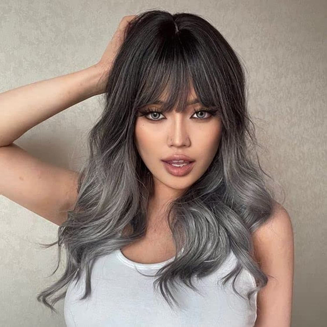 ECIF Long Curly Dark Grey Natural Synthetic Hair Wig With Bangs For Women‚‚