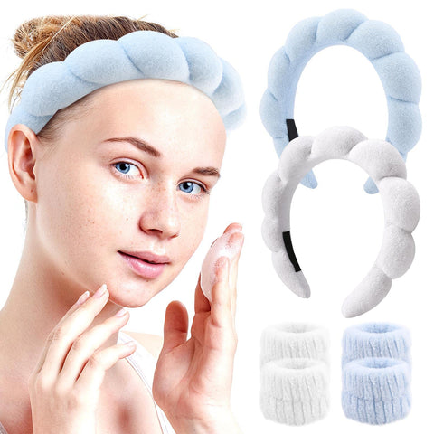 6Pcs Sponge Spa Headband for Women, Soft Makeup Headband with Wrist Washband Set Non Slip Towel Cloth Head Band Skincare Headbands for Face Washing, Shower, Makeup Removal(Blue and White)
