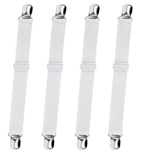 fashion mania 4 Pcs White Bed Sheet Fasteners Adjustable Elastic Sheet Straps Suspenders for Mattresses Fitted Sheets Flat Sheets
