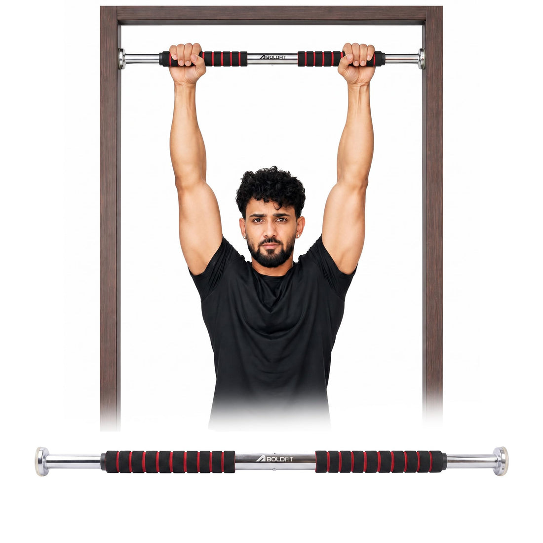 Boldfit Pull Up Bars For Home Workout Chin Up Bar Gym Accessories for Men Door Way Adjustable Hanging Rod (62-100cm), Anti-skid Grip, Strength Training Exercise Bar Pullup Bar Red 100Kg Max Weight