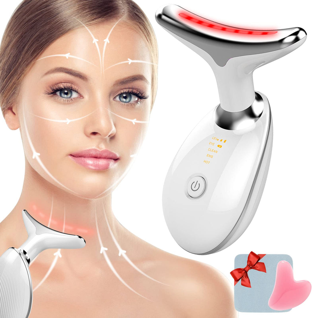 Face Massager Against Wrinkles, 4-in-1 Double Chin Remover with Gua Sha Face Tools for Men and Women, Jawline Trainer with 3 Modes, 45°C for Skin Tightening & Lifting, Improvement, Firming