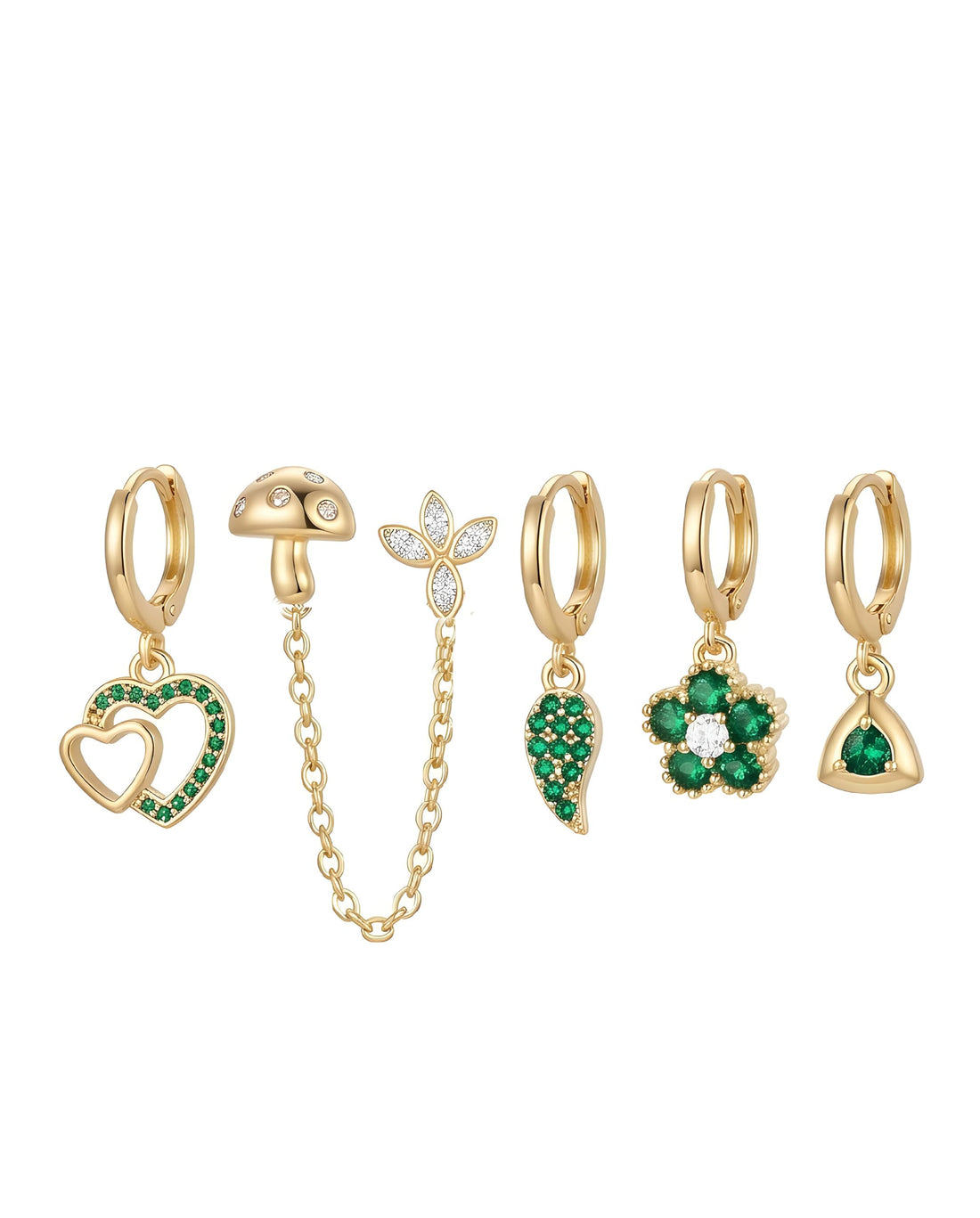Curated Ear Stack Set – 18K Gold Plated Emerald Green & Cubic Zirconia Earrings, Dainty Huggie Hoops, Studs, and Chain Cuffs for Multiple Piercings