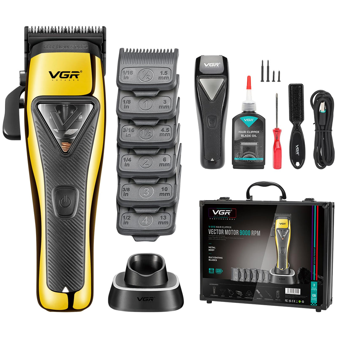 VGR 015 Professional Cordless Clipper for Men, Vector 9000RPM Motor, DLC Blade, Hair Cutting Clipper with Metal Case, 1 Black Modular Cover, Travel Case